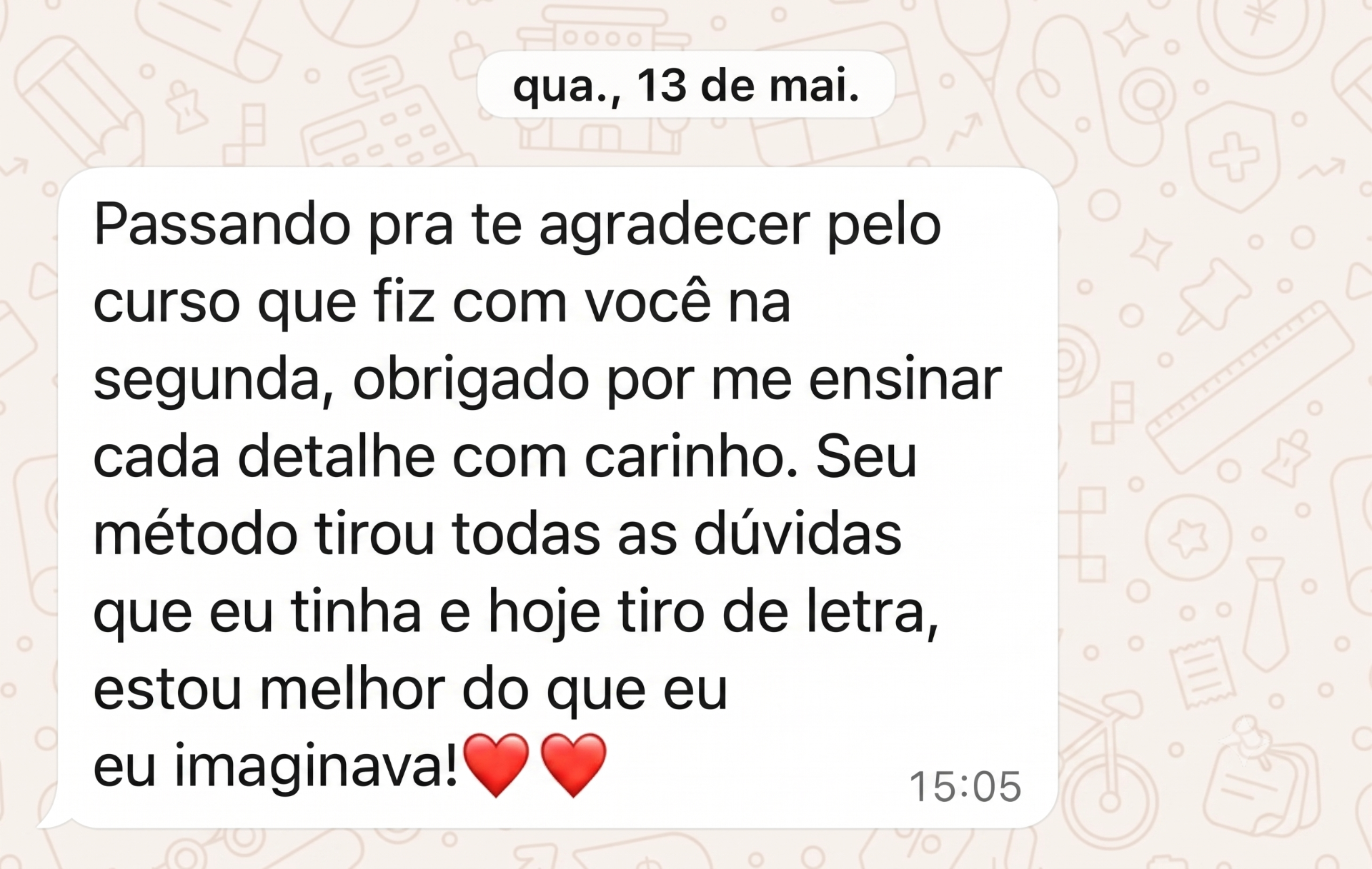 Depoimento em conversa de WhatsApp agradecendo o curso da Pamela
