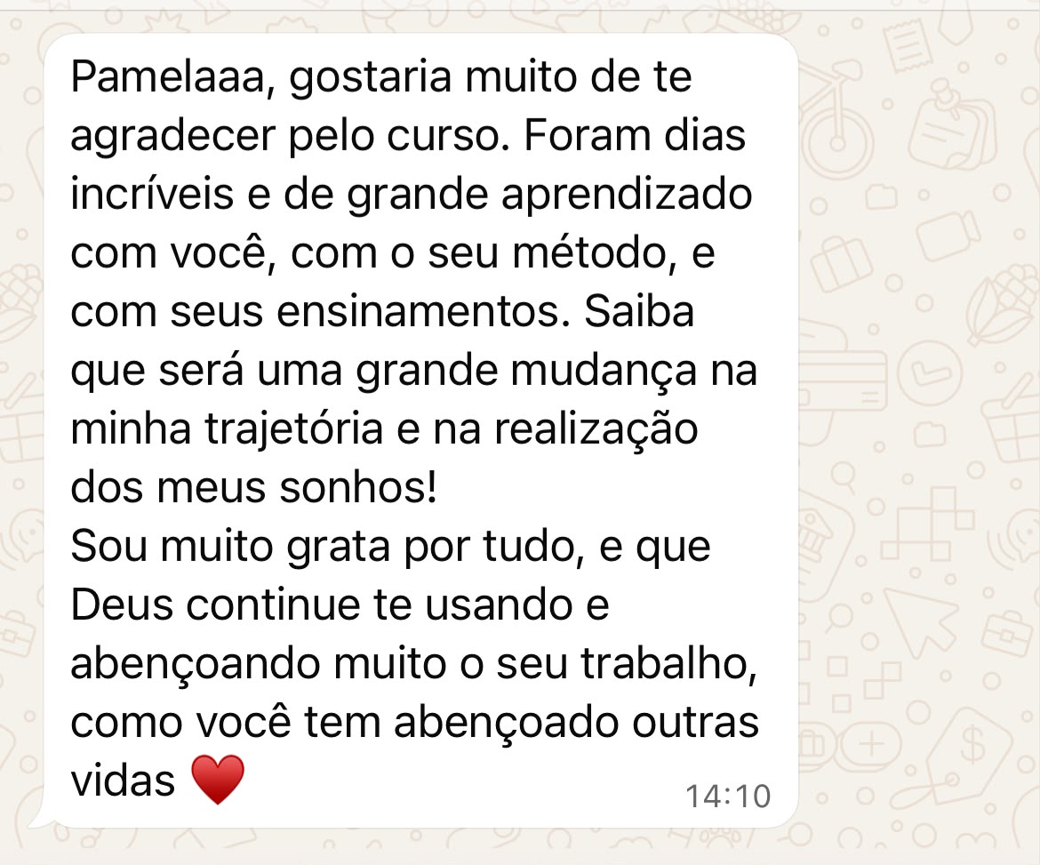 Mensagem de aluna agradecendo a Pamela pelo curso